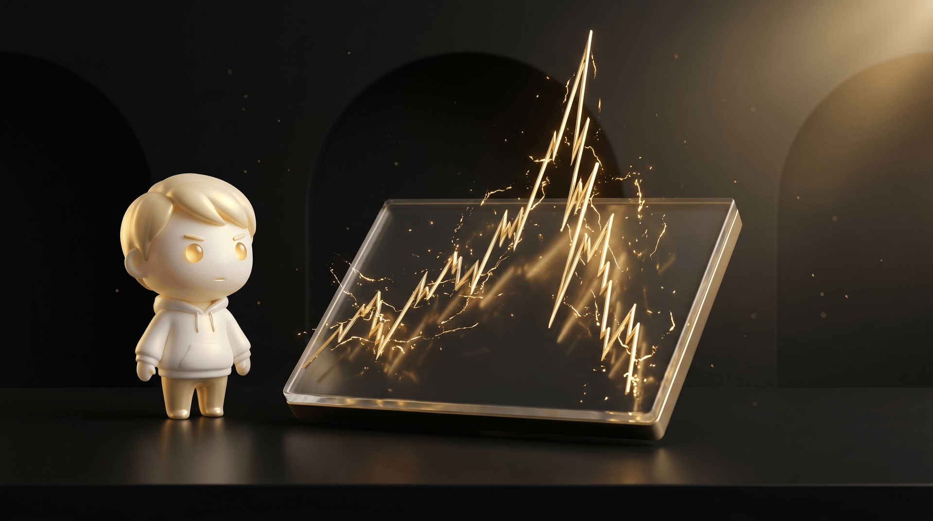 A glowing red CPM gauge spiking off the chart above a dark obsidian operator desk, with a smaller normal-baseline gauge to the side, the Godmode mascot in cream porcelain skin observing with a calm diagnostic operator posture