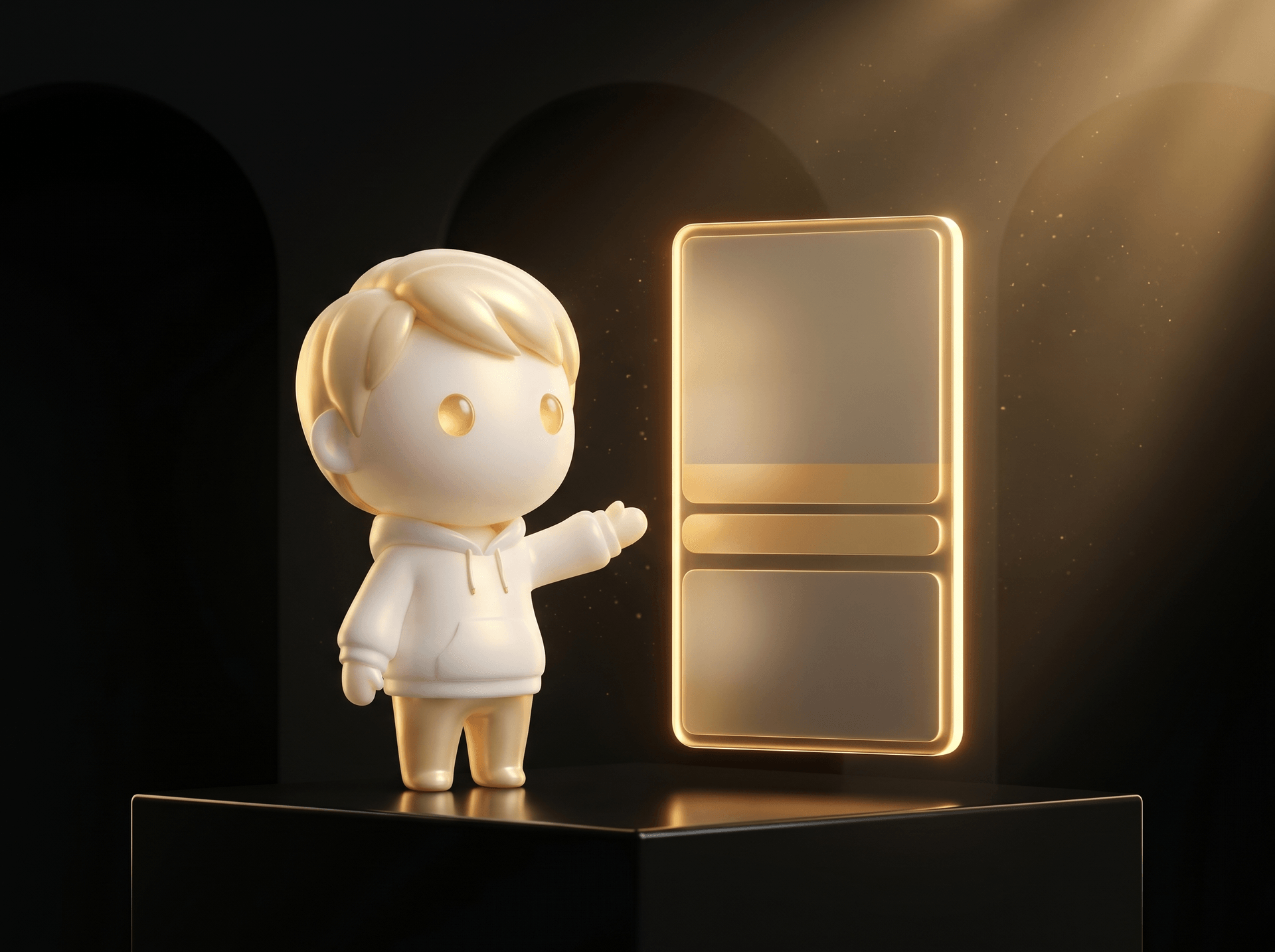 Godmode mascot in cream porcelain skin presenting a glowing Shopify product page mockup that converts fast on a clean obsidian podium