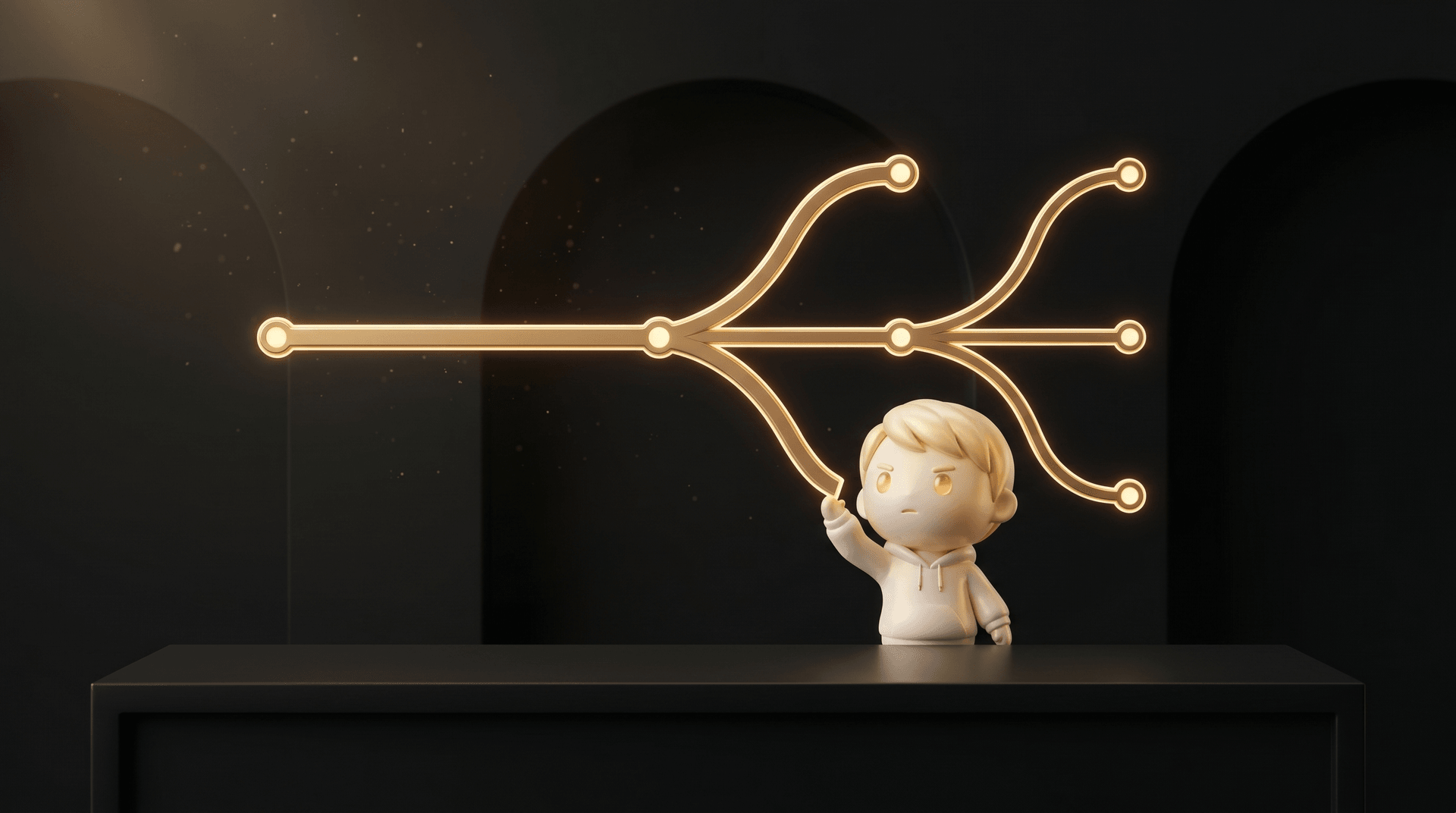 A horizontal flow diagram with five glowing gold workflow nodes connected by gold light streams representing the kill or scale decision tree at $30, $100, $300, sales, and CVR thresholds, the Godmode mascot in cream porcelain skin conducting the flow from below in calm operator posture
