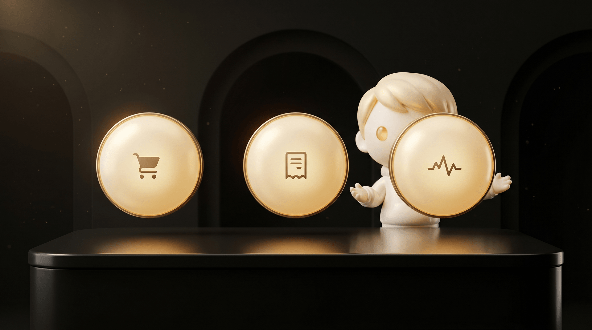 Three glowing gold trigger threshold markers arranged horizontally above a dark obsidian operator desk, each labeled by visual cue with a different intensity, the Godmode mascot in cream porcelain skin standing beside the desk with a calm operator posture