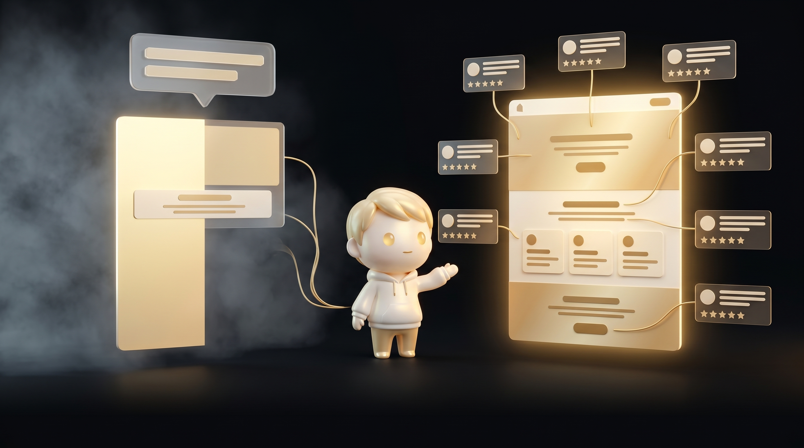 The Godmode mascot standing between a prompt-to-page flow on the left (a speech bubble and a half-built page) and a research-driven AI page on the right (glowing gold, stacked review cards feeding into it)
