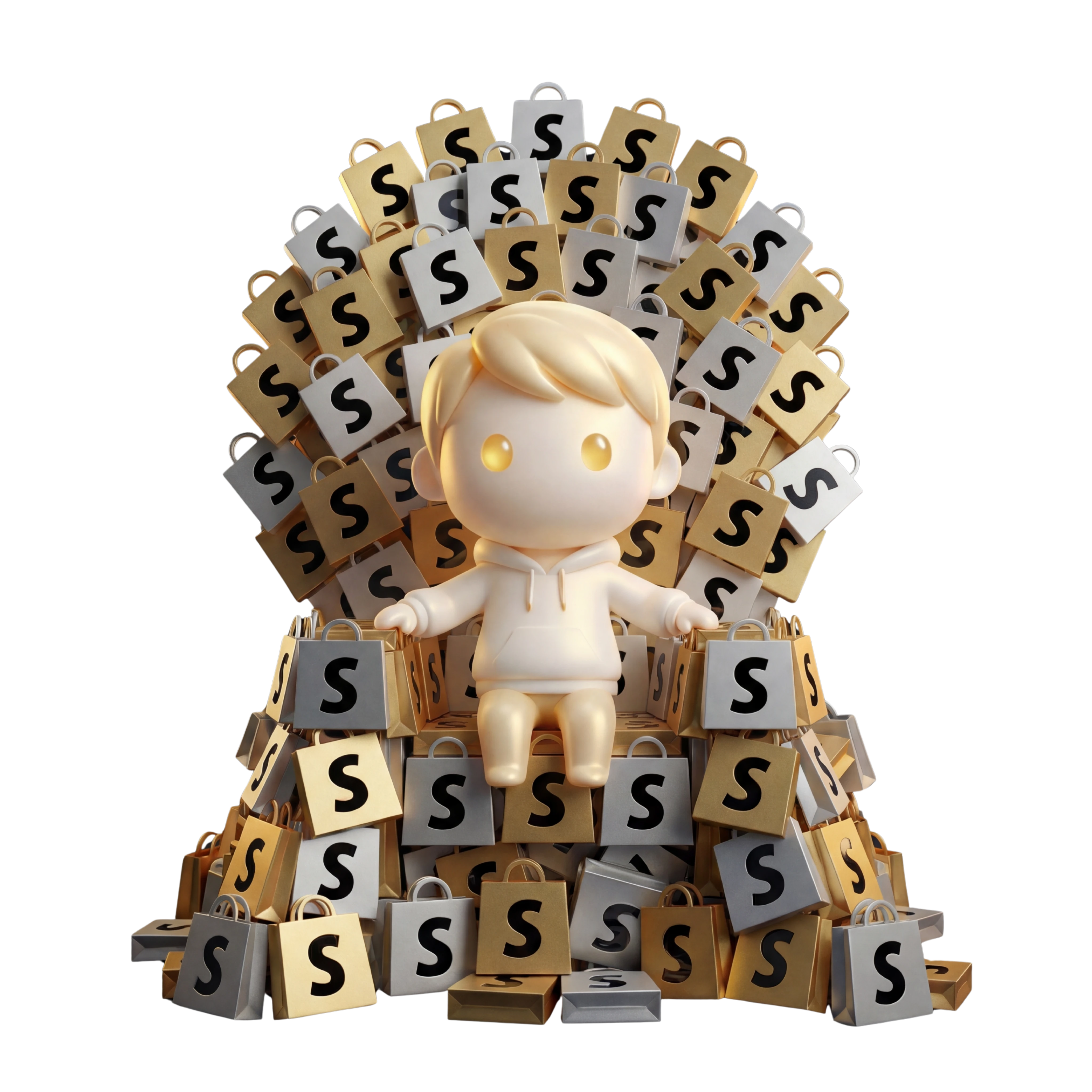 Godmode AI mascot sitting on a throne of Shopify milestones